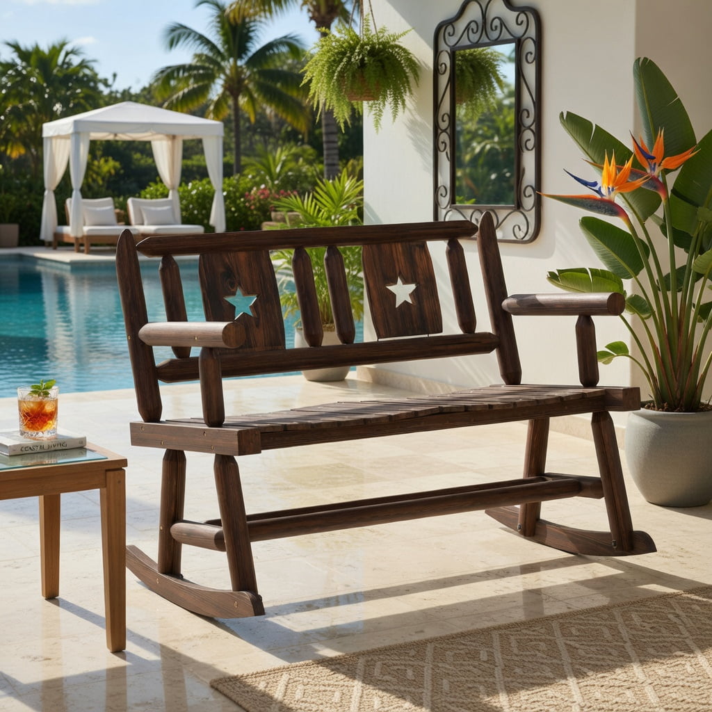Hommoo 2-Person Wooden Rocking Bench for Patio, Backyard & Porch, Ergonomic Double Rocker Loveseat with Carbonized Pine & Fir Frame, Rustic Brown