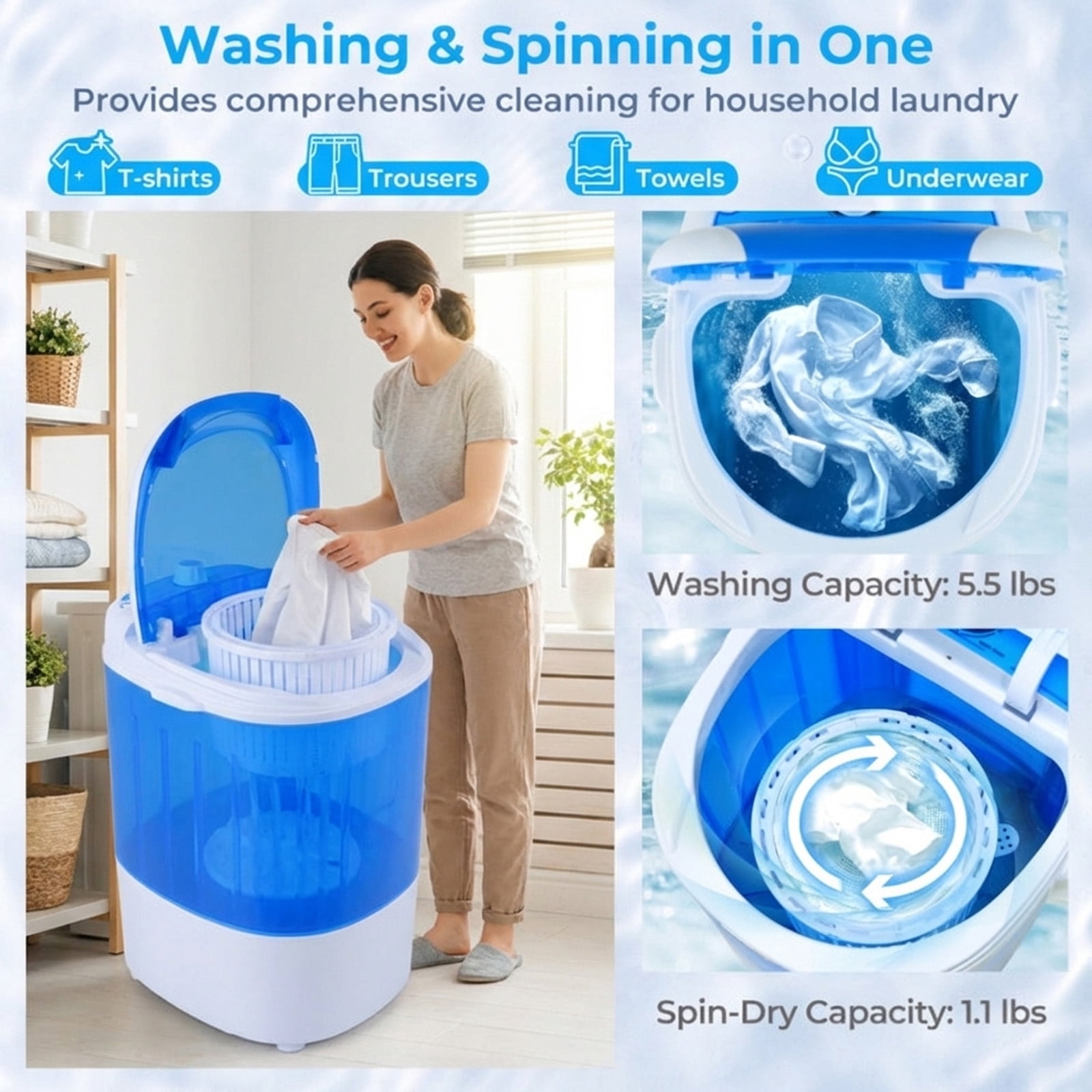 RUIE Portable Washing Machine,5.5 Lbs Mini Washer with Spin Dryer and Timer Control,Compact Single Tub,Clear Lid,Portable Washer for Apartment Dorm RV Camping