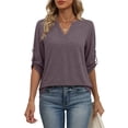 thumbnail image 4 of WIHOLL Women Blouses V Neck T Shirts 3/4 Length Sleeve Cuff Tab Buttons Tunic Tops for Business Casual Outfits, 4 of 11