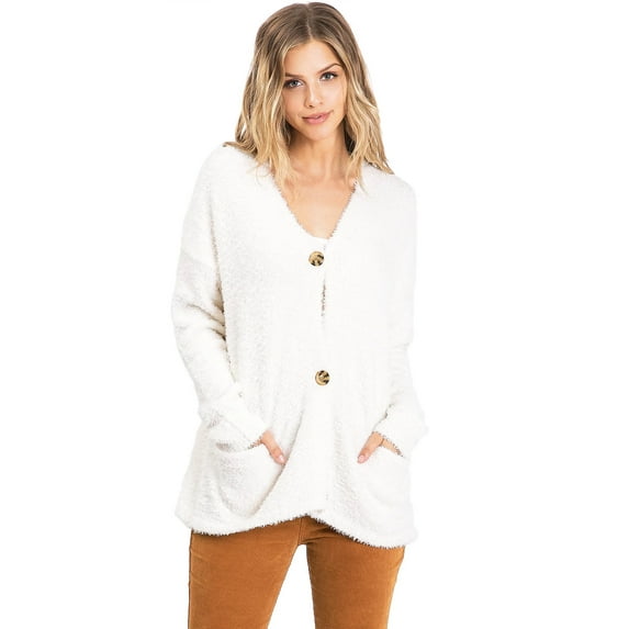 Lana Roux Women's Soft 'n Slouchy Fuzzy Eyelash Casual Cardigan (L, Ivory)