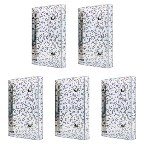 5X Cubierta para Carpeta Económica A6, Carpeta de 6 Anillas de PVC Transparente, Protector de Carcasa Recargable para Cuaderno con Estrella Brillante y 2 Broches
