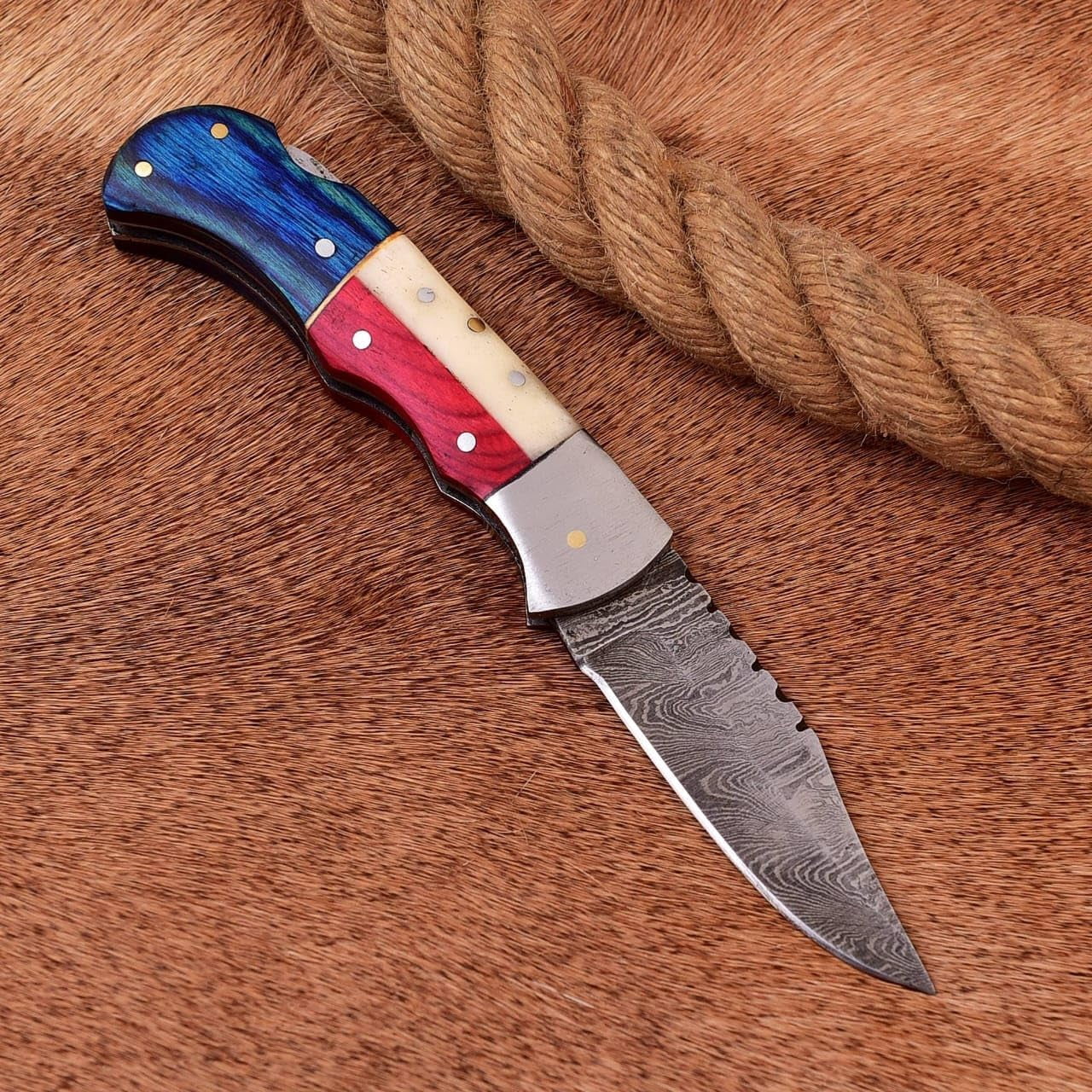 Custom Handmade Damascus Steel Folding Knife/Pocket Knife SS-17504 5 Pcs. Lot (Red and Blue Colored Wood)