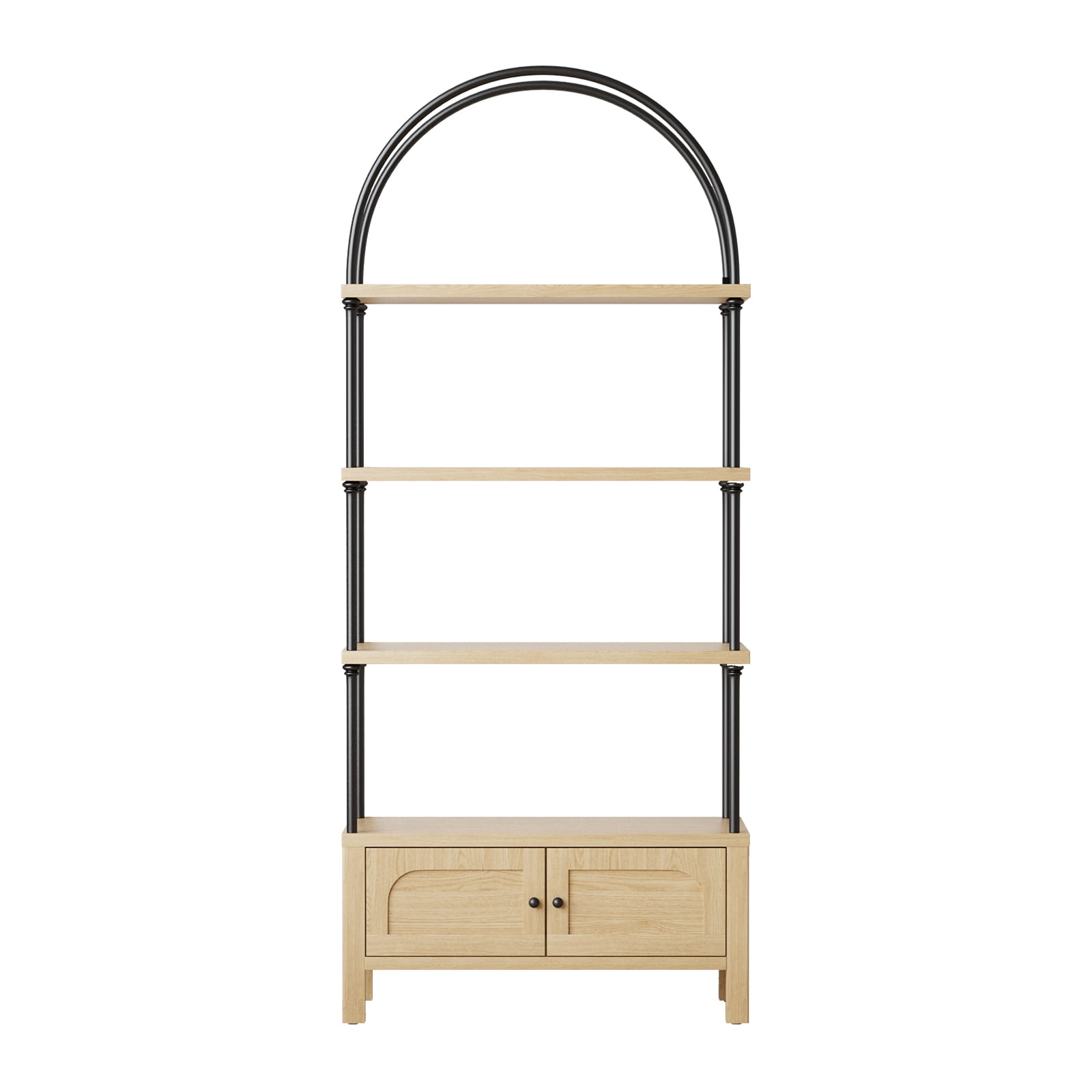 Furnibear Arched Bookshelf with Door 72 Inches Tall 5 Tier Storage Shelf with Cabinet,Modern Open Bookcase for Living Room or Home Office,Brown