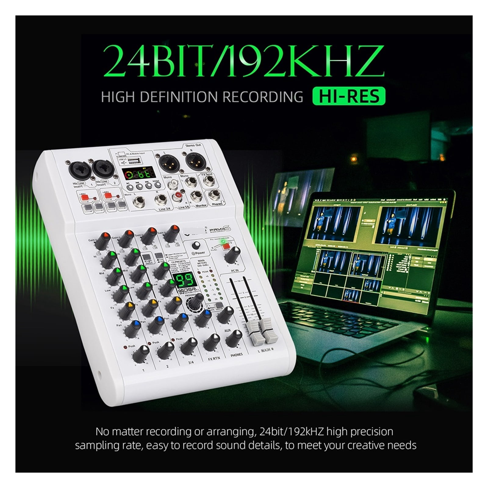 Mixer DJ Console 99 DSP Effects Mixing Console PRMX-6 With 5.0 BT 24bit/192k For Recording Musical Instrument ,Easy to Operate