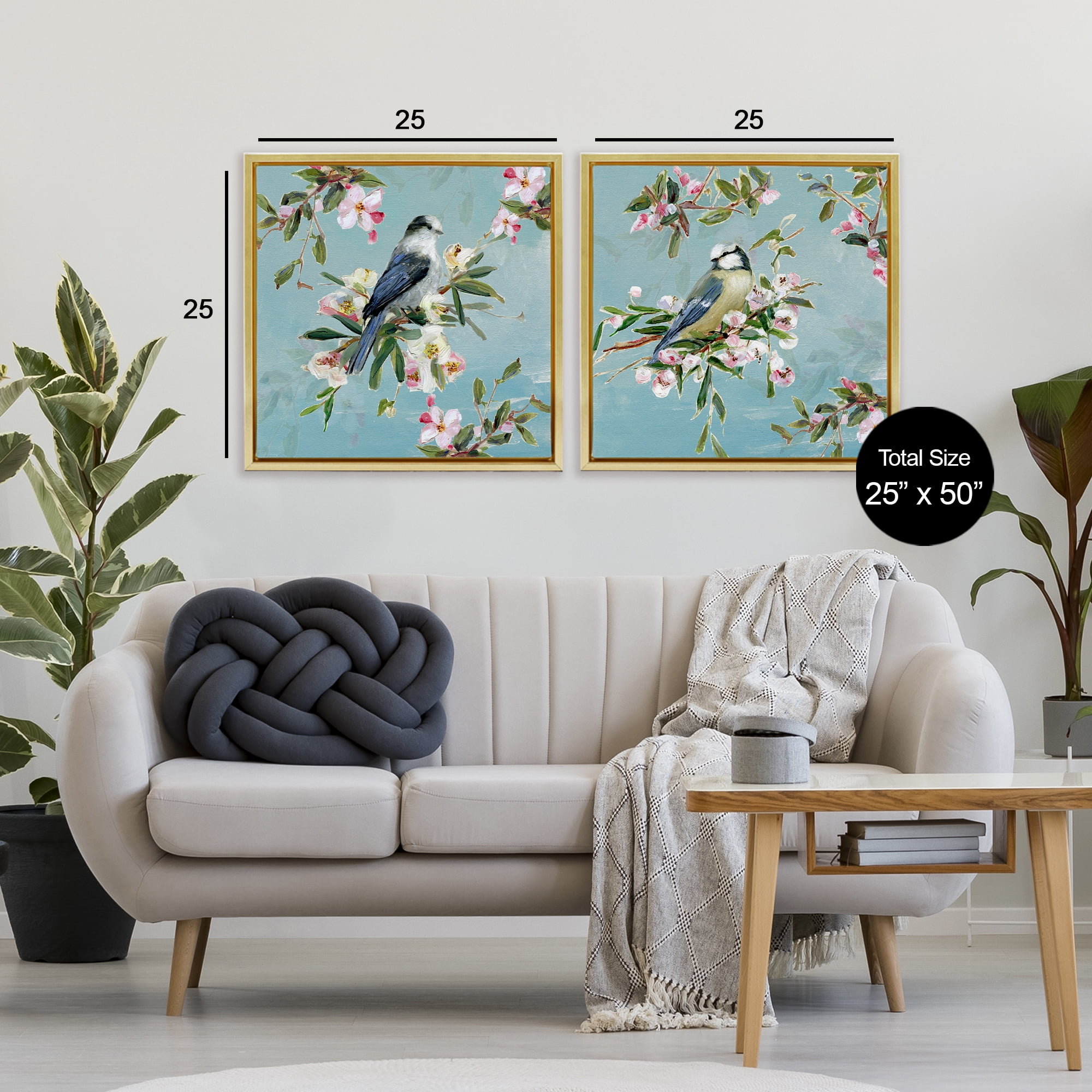 Stupell Industries Songbirds Among Spring Blossoms 2 Piece Gold Framed Floater Canvas Set, design by Sally Swatland