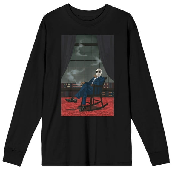 Universal Monsters Invisible Man Smoking On Rocking Chair Crew Neck Long Sleeve Black Adult Tee-Medium