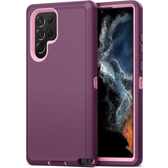 for Samsung S22 Ultra Case, Galaxy S22 Ultra Case Triple Layer Heavy Duty Shockproof Bumper Cover Tough Hybrid Rugged Rubber Matte Phone Case for Samsung Galaxy S22 Ultra 5G 2022 Purple Pink
