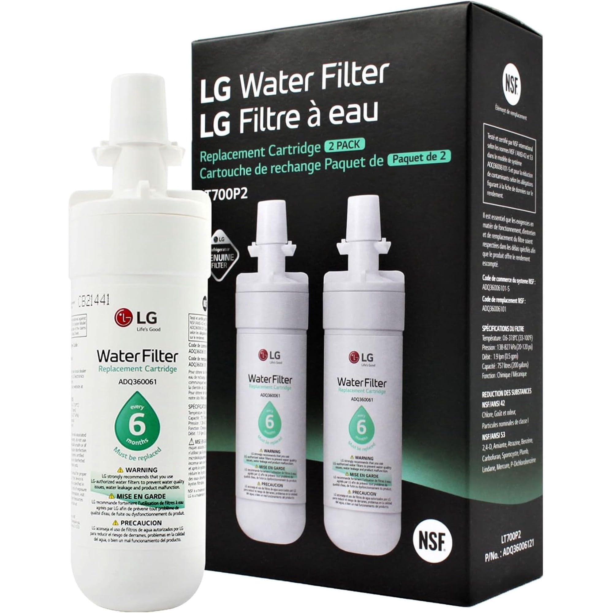 2-Pack LT700P Genuine Refrigerator Water Filter For LG ADQ36006101 Replacement Filter