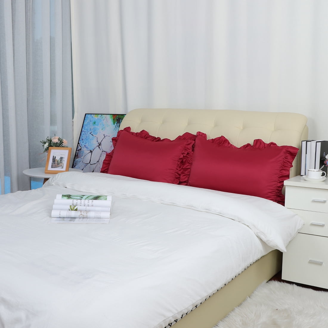 Unique Bargains 4-Piece Satin Ruffled Edge Pillow Shams, Standard, Burgundy
