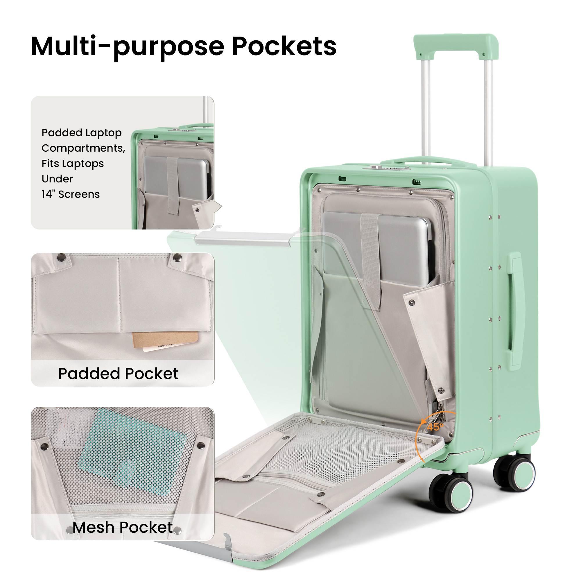 New York Xpress 20" Zipperless Carry-on Luggage, Hardside Aluminum Frame Suitcase with Spinner Wheels, TSA Approved, Light Green - LA266