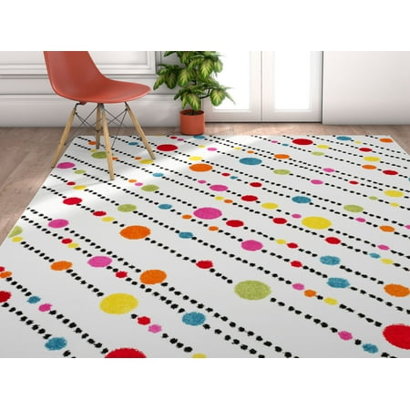Well Woven Modern Rug Dandy Dots Stripes Ivory 3'3''X5' Accent Area Rug Entry Way Bright Kids Room Kitchn Bedroom Carpet Bathroom Soft Durable Area