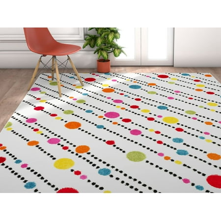 Bedroom Accent - Well Woven Modern Rug Dandy Dots Stripes Ivory 3'3''X5' Accent Area Rug Entry Way Bright Kids Room Kitchn Bedroom Carpet Bathroom Soft Durable Area Rug