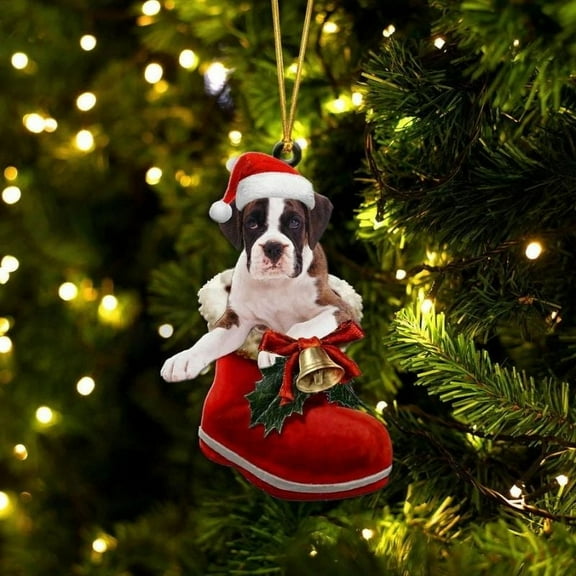 Acrylic 2D FLAT Boxer White In Santa Boot Christmas Hanging Ornament