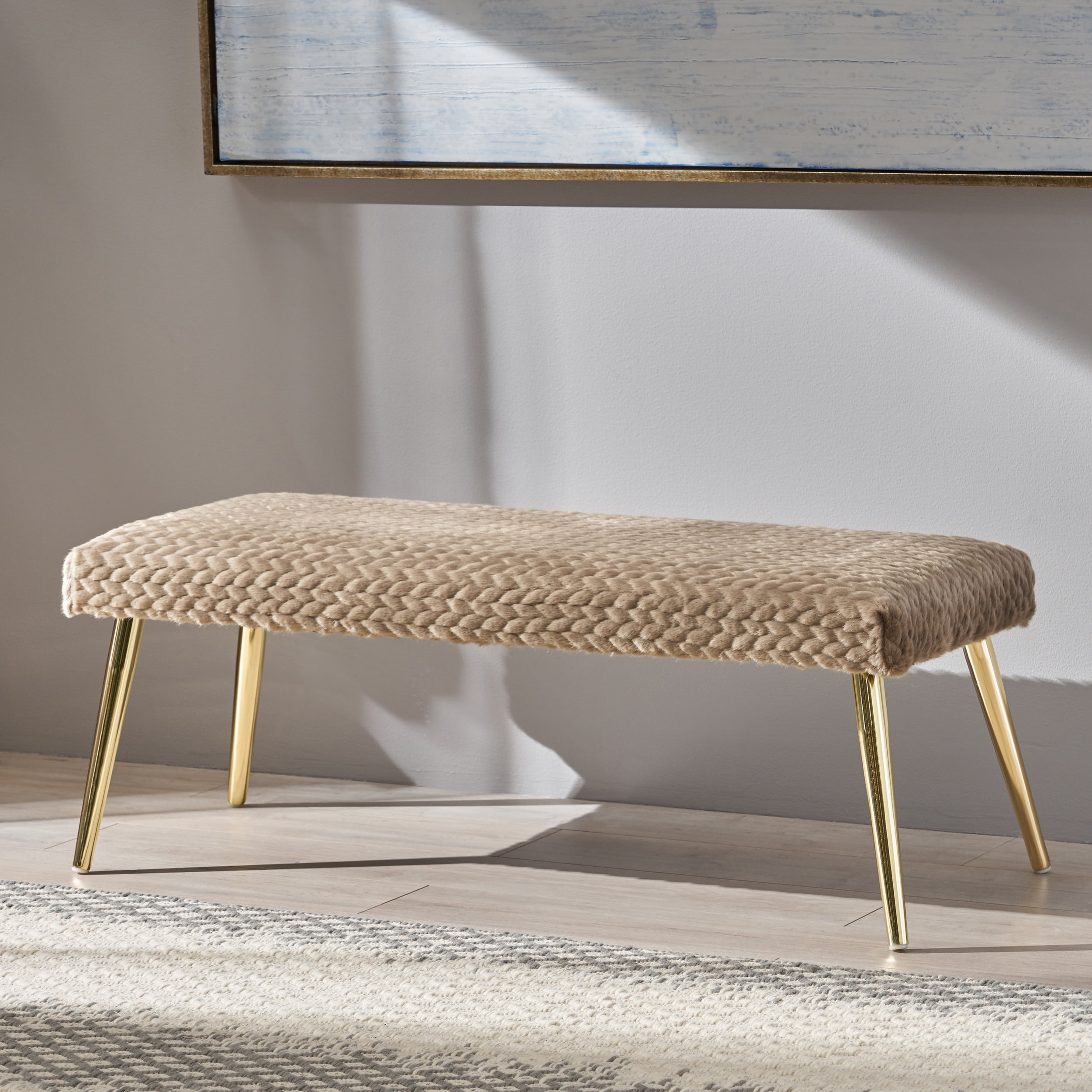 Noble House Arthur Patterned Faux Fur Bench, Taupe and Gold Finish