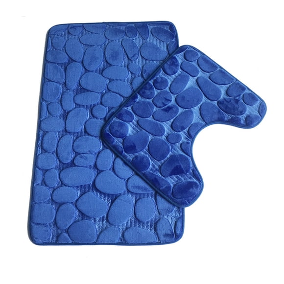 Maoww 2Pcs Non-slip Mat Set Plush Floor Pad Door Carpet Stone Bathroom Toilet Water Absorbent Rug, Dark Blue