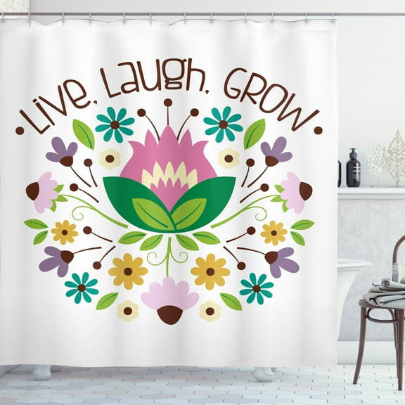 Coneflower Shower Curtain, Live Laugh Groıw Phrase with Various Flower Motifs on a Plain Background, Fabric Bathroom Set with Hooks, 69W X 70L Inches, Multicolor, by Ambesonne