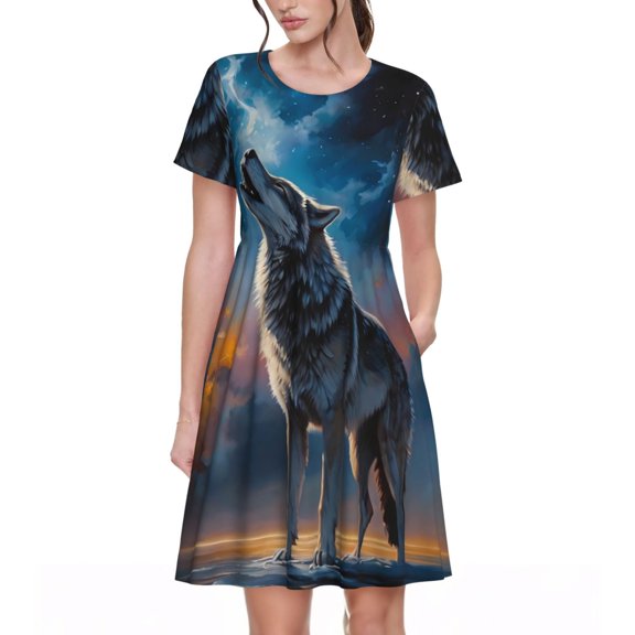 Defioc Lonely Night Sky Wolf Pattern Womens Summer Dresses Short Sleeve Sundress 2025 Beach Vacation Dresses with Pockets -Small