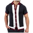 thumbnail image 2 of Men's Fashion Stripe Button Down Knit Polo Shirts Contrast Color Lapel Short Sleeve Vintage Cardigans Blouse Tops, 2 of 8