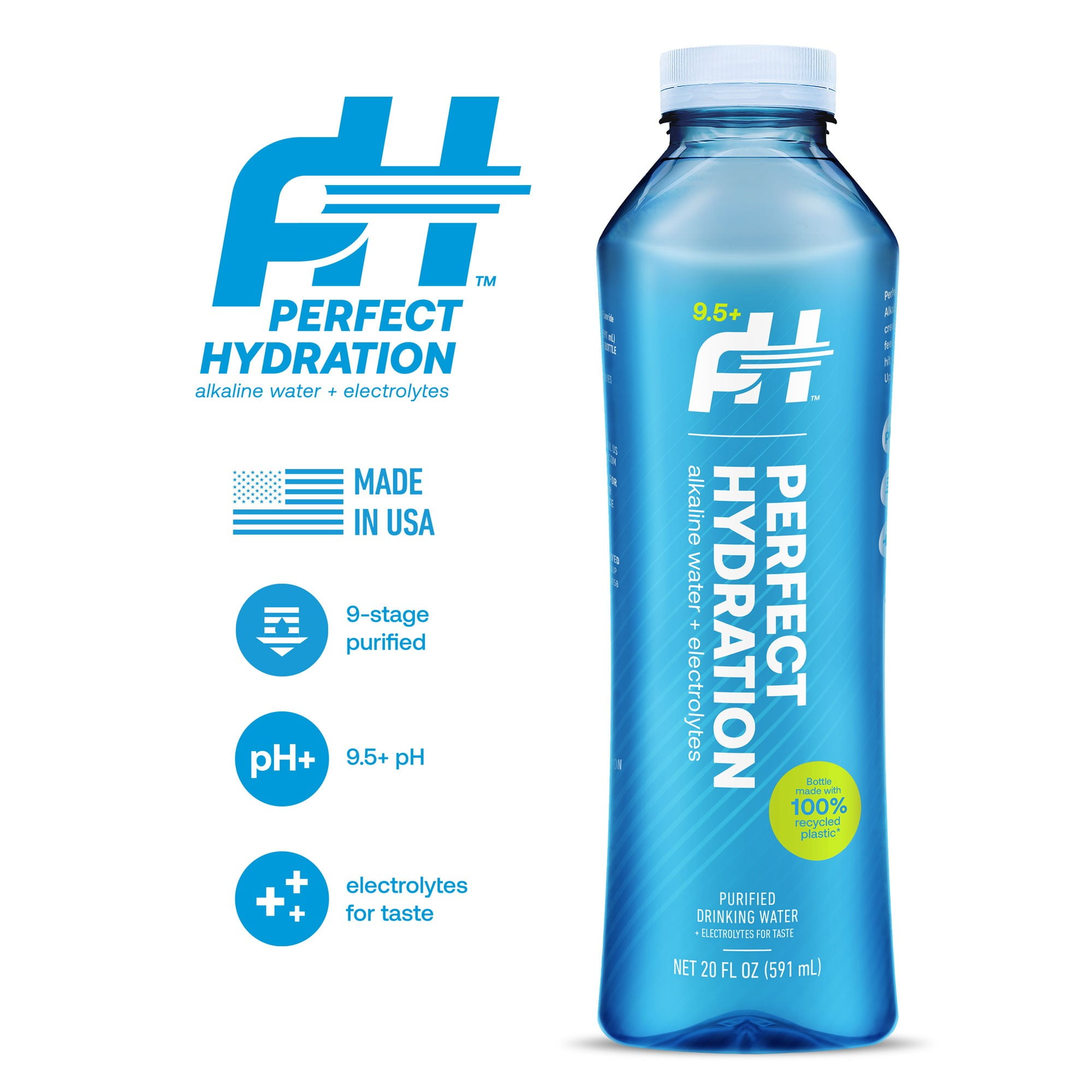 Perfect Hydration 9.5 pH Alkaline Water, Electrolytes for Taste, Bottles Made with 100% Recycled Plastic, 20 Fl Oz, Case of 24 Bottles, 3 Cases