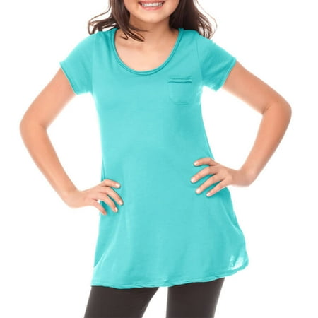 Jersey Girl Merchandise (Kavio! Big Girls 7-16 Sheer Jersey Double Raw Edge Scoop Neck Penny Pocket Short Sleeve Caribbean Blue)