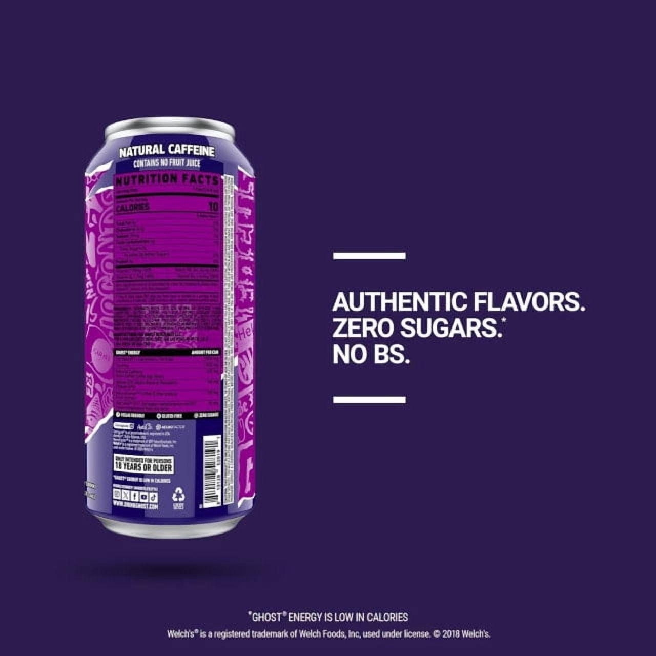 GHOST® ENERGY Zero Sugars Energy Drink, Welch's Grape, 200mg Natural Caffeine, 16 fl oz Can