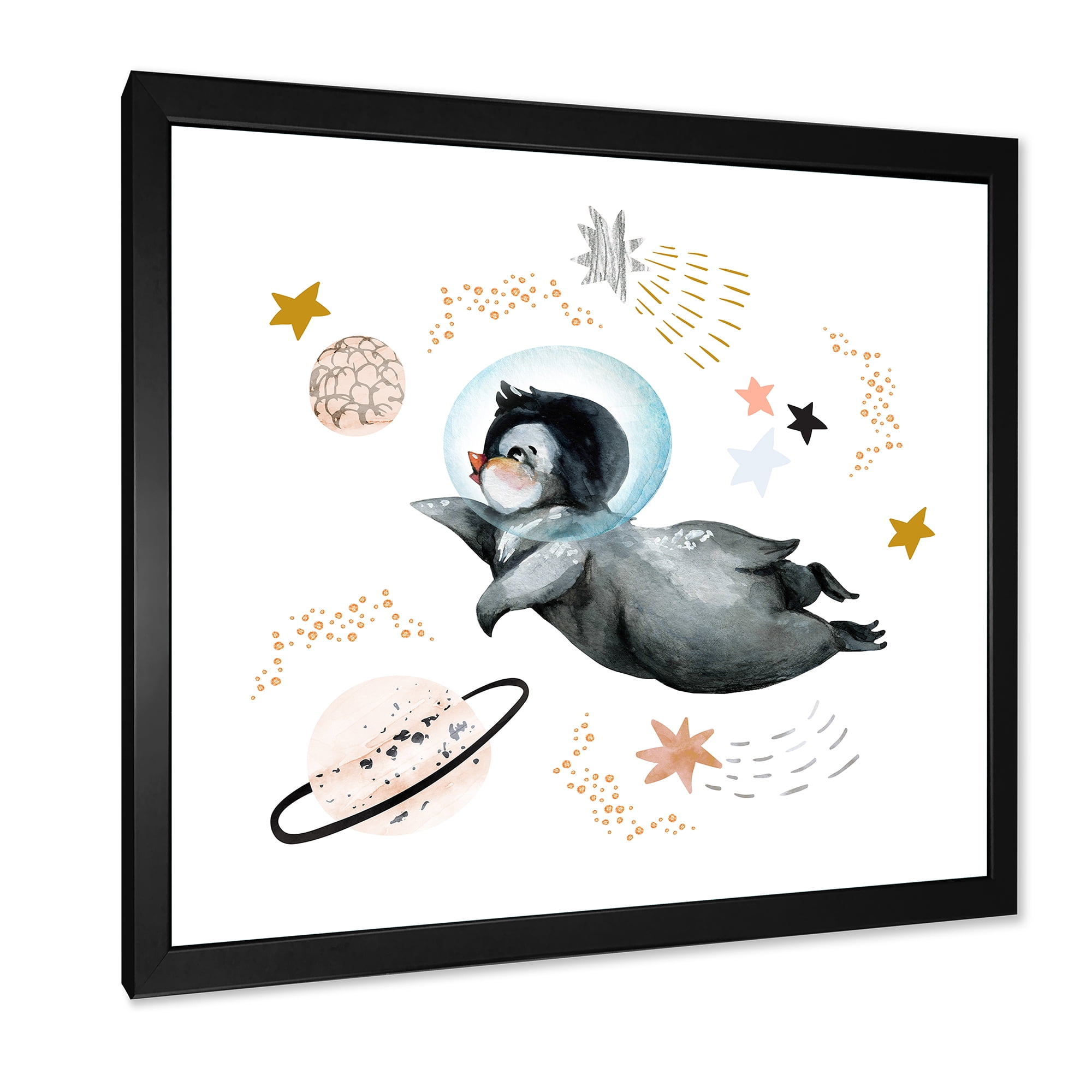 Designart 'Little Penguin Flying Planets and Stars II' Farmhouse Framed Art Print
