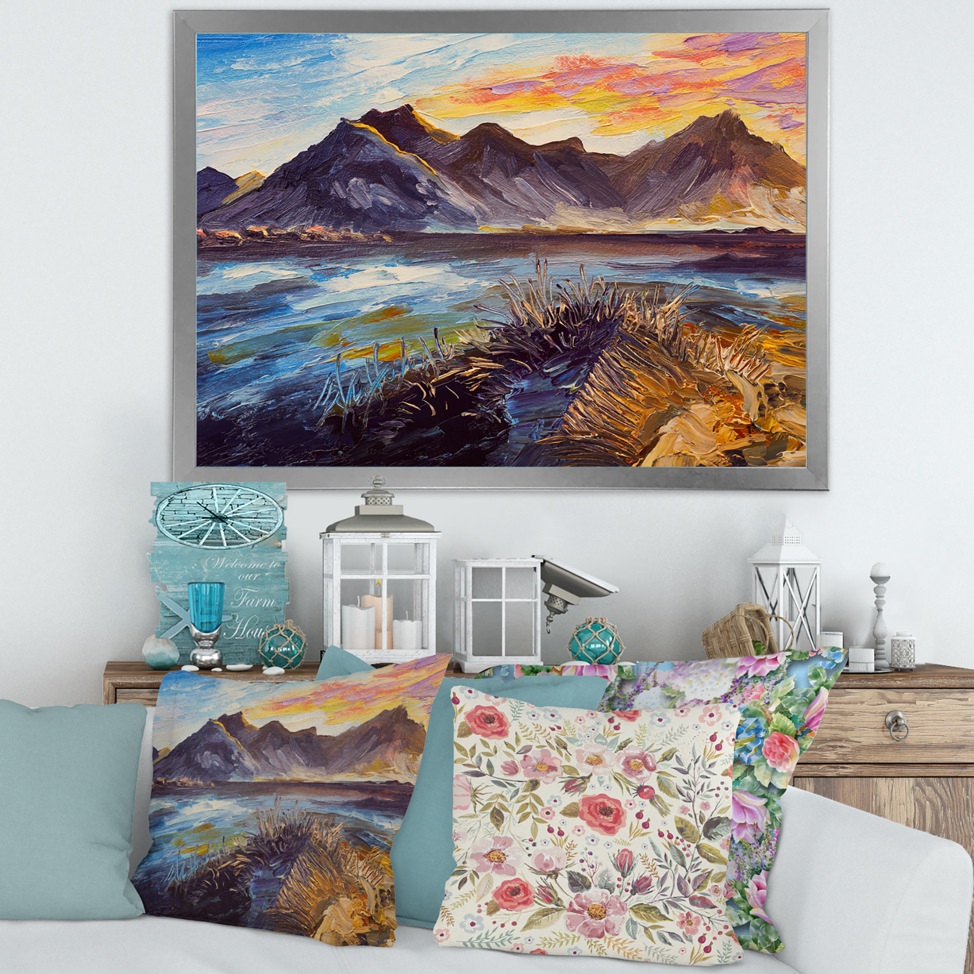 Designart 'Impression Pink Sunset Over The Mountains By The Sea' Nautical & Coastal Framed Art Print