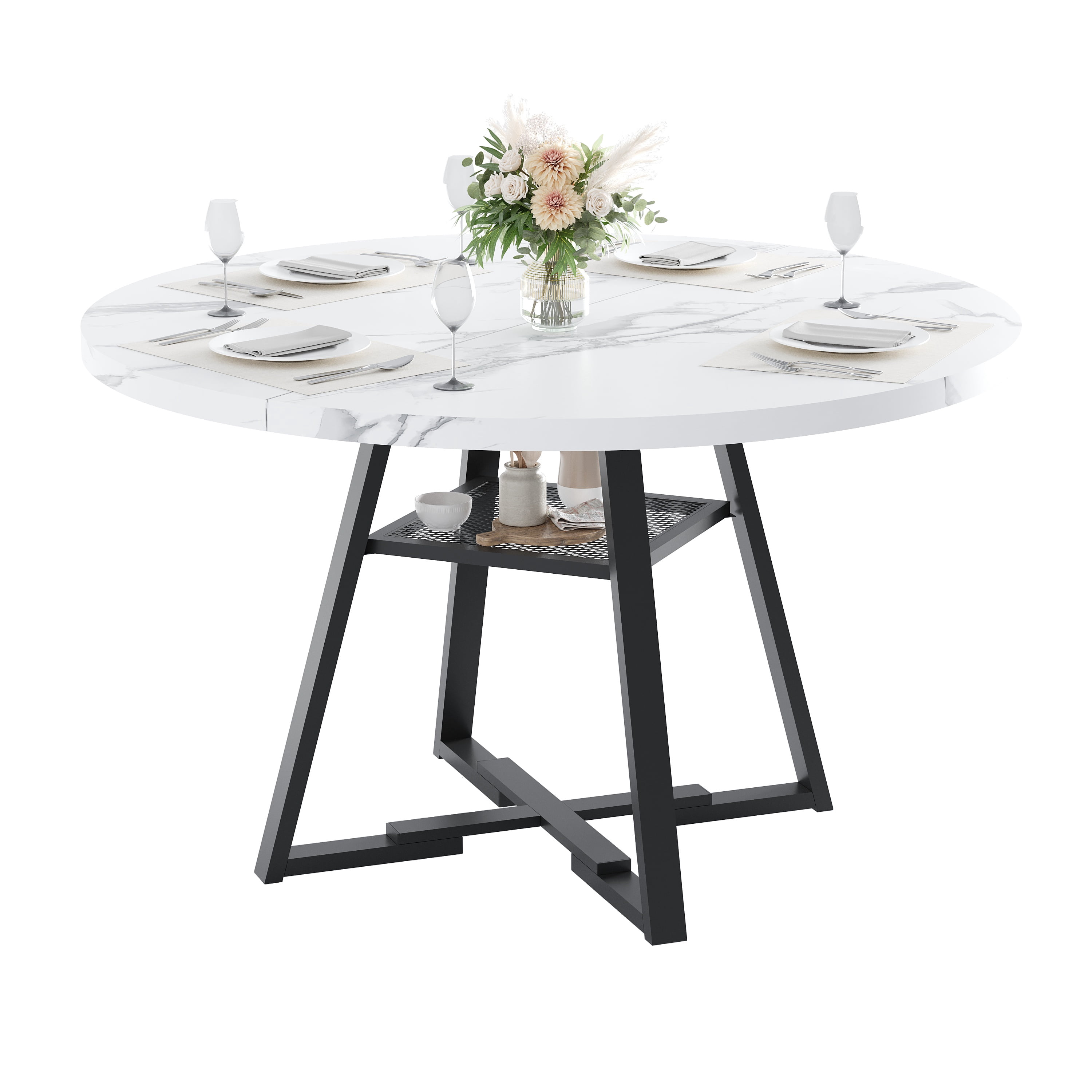 PAPROOS Round Dining Table, 43'' Faux Marble Dining Table with Storage Shelf, Circle Dining Table for Dining Room, Modern Kitchen Table for 4 People, White(Only Table)