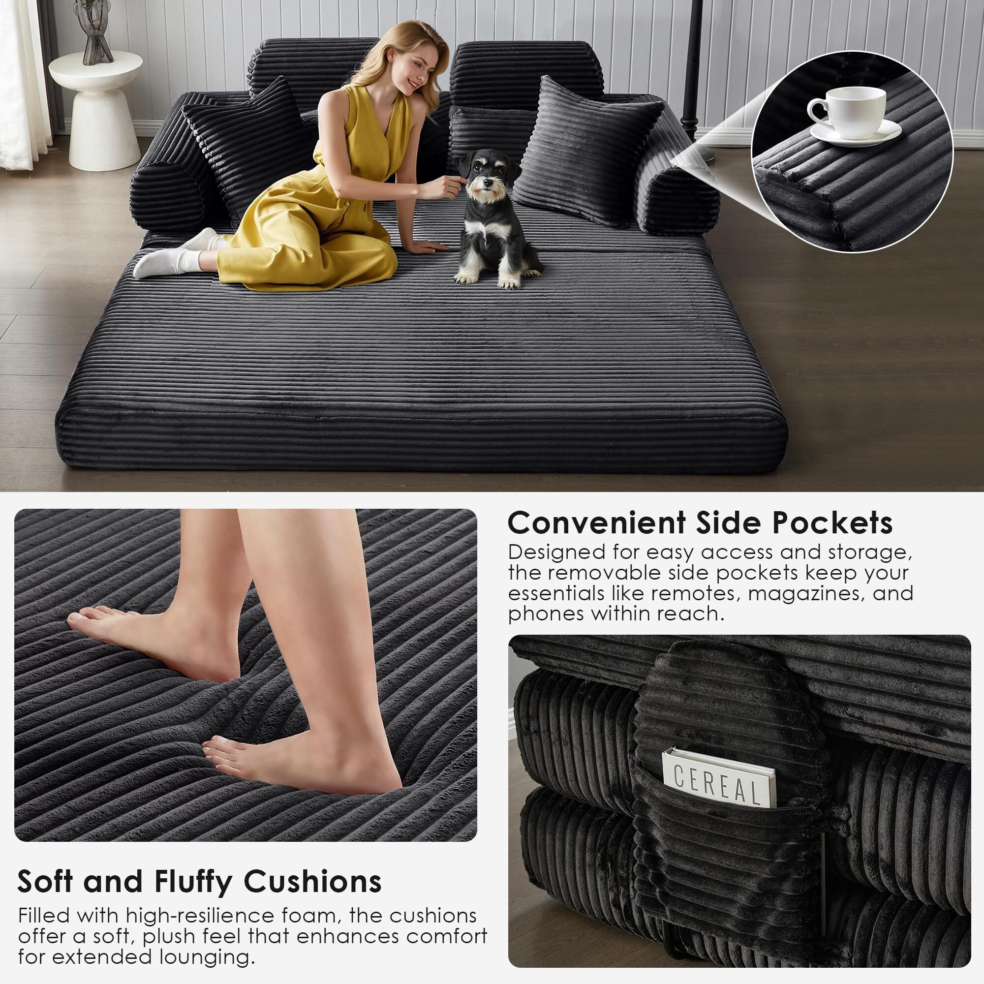 Howcool 78.5” Convertible Sleeper Sofa Bed, Foldable Corduroy Loveseat Couch, Boneless Compression Sofa with Memory Foam, No Assembly Required,Black