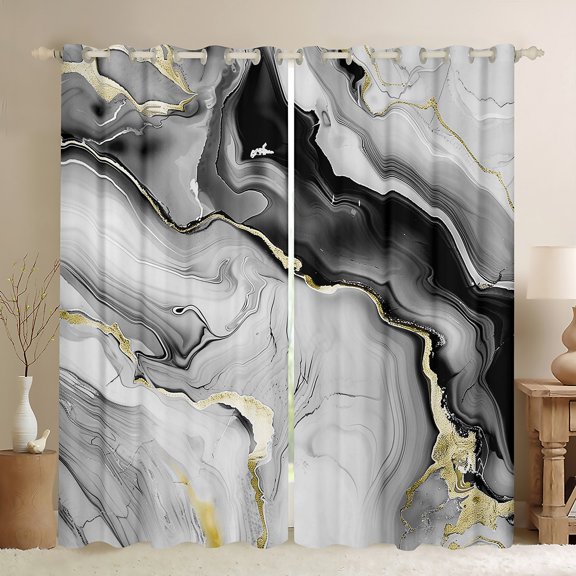 Manfei Marble Pattern Curtains Pack of 2 (42x84 Each),Modern Fluid Stripe Curtains Blackout,Gray Black Gold Bedroom Curtains For Men Women,Ultra Soft Home Decor