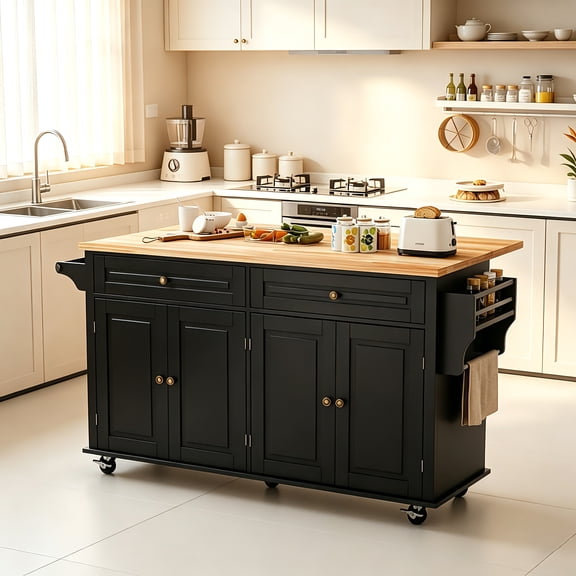 JassmiPkwy 67’’ Rolling Kitchen Island Cart with Drop Leaf, 3-Tier Door Storage, Movable Kitchen Islands Table with Wheels, Black