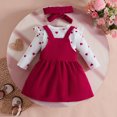 thumbnail image 6 of SERTG Girls Heart Print Long Sleeve Overalls and Dress Set with Bow Hairband Fall Winter Soft Cotton Three-Piece Outfit(Red,6-9 Months), 6 of 9