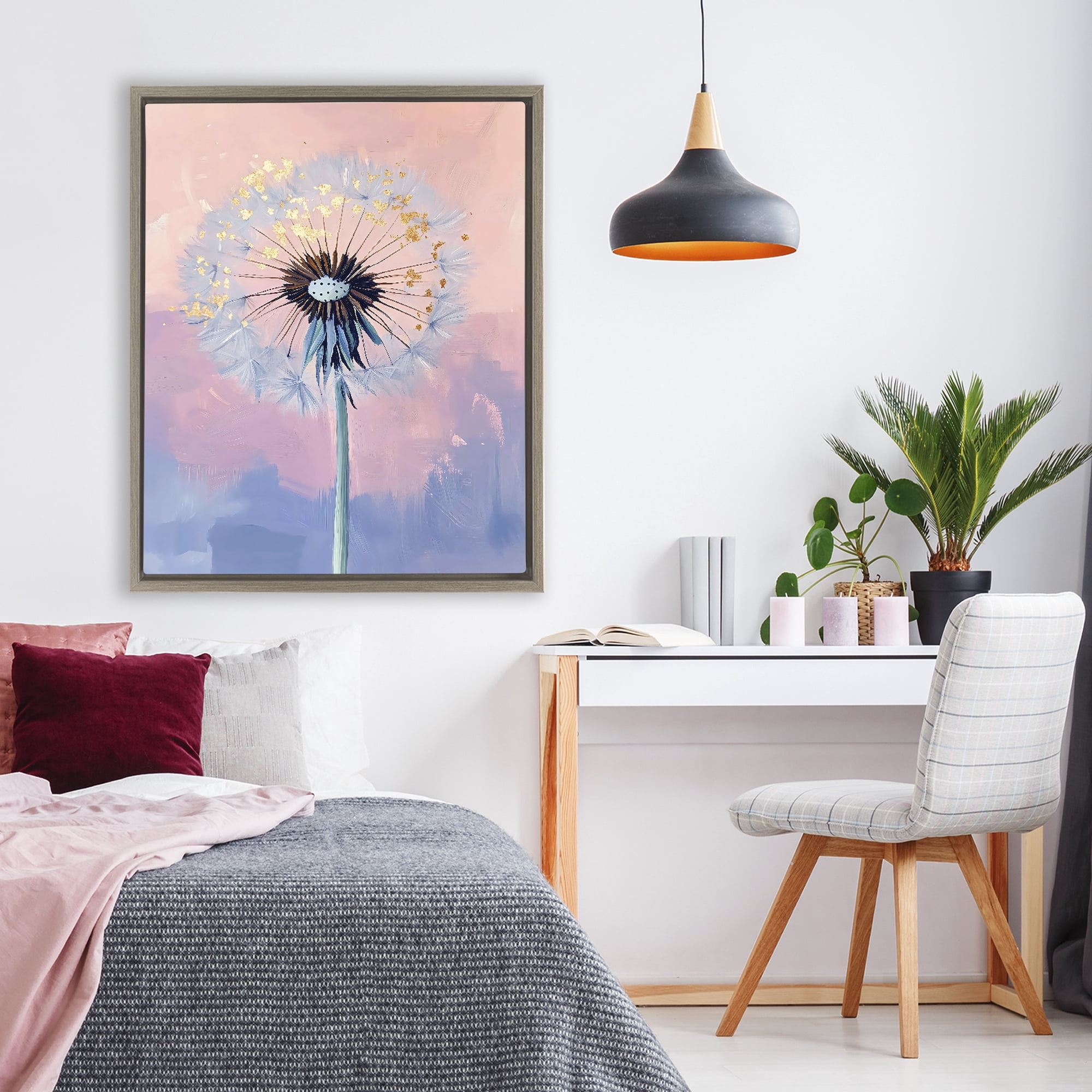 Stupell Industries Pastel Dandelion with Gold Seeds Brown Framed Floater Canvas Wall Art, design by The Prints Vibe