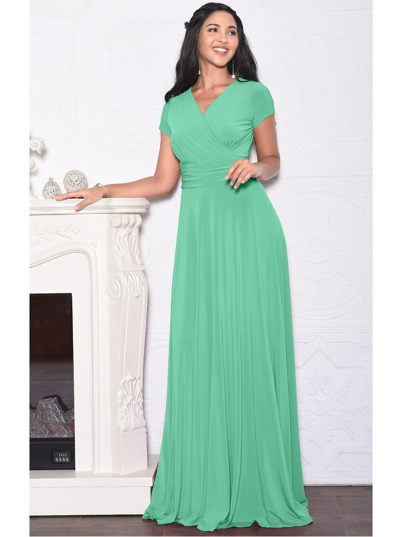 KOH KOH Long V-Neck Flowy Cap Short Sleeve V-Neck Bridesmaid Wedding Guest  Party Formal Summer Sundress Tall Gown Maxi Dress Dresses For Women Light  Emerald Green X-Small US 2-4 NT074