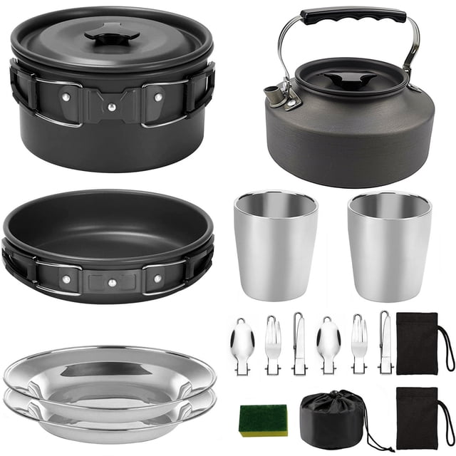 1 juego de utensilios de cocina para acampar al aire libre, vajilla portátil para picnic para 2-3 personas (negro)