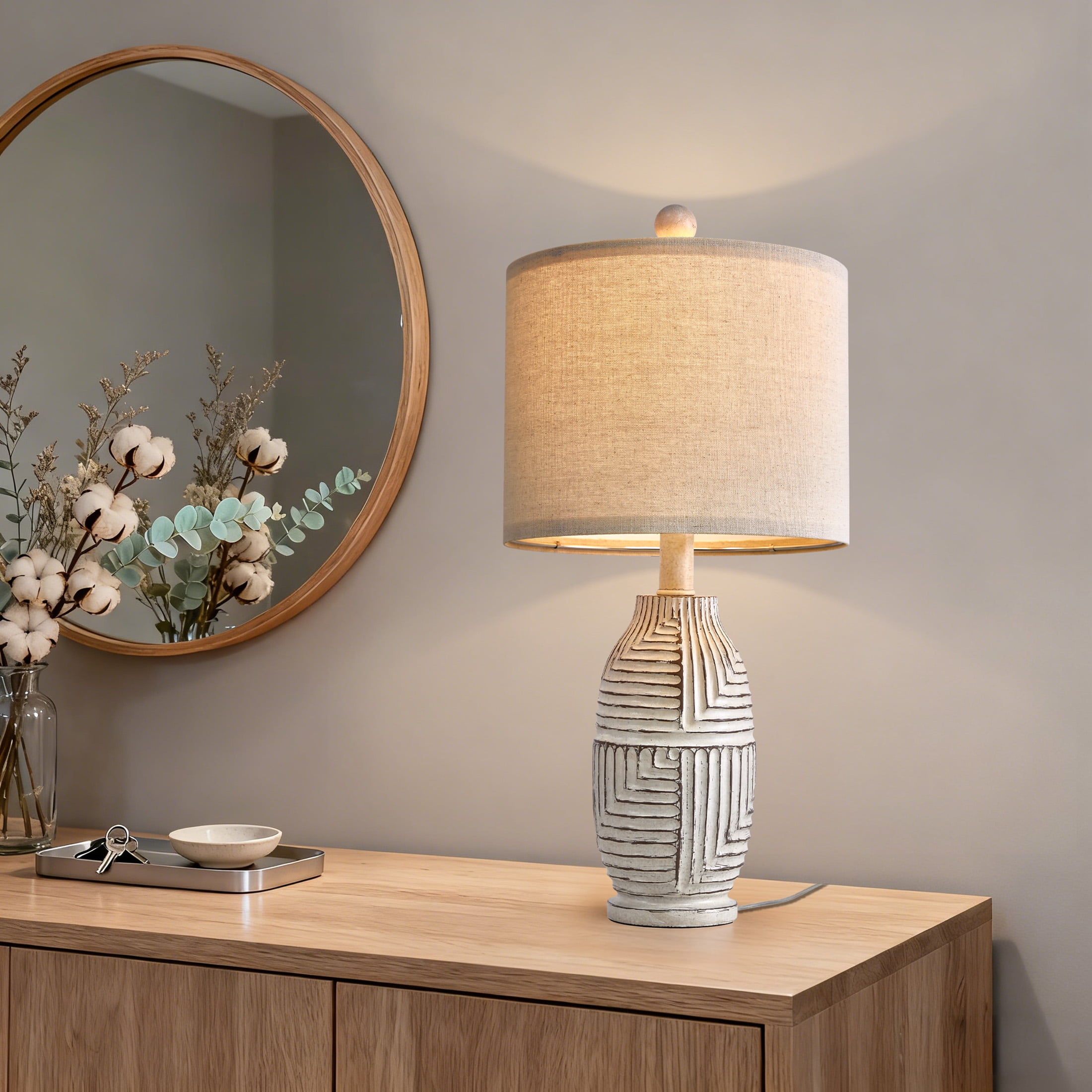 Oneach 20.25" Farmhouse Table Lamps Set of 2 for Living Room Bedroom Resin Bedside Nightstand Lamps with Beige Linen Drum Shade