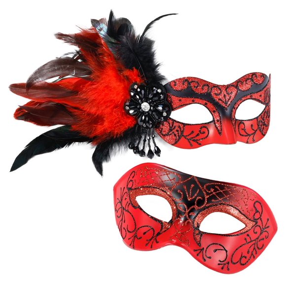 YSTIANN Red Couple Masquerade Mask Set with Feathers, Venetian Style Mask for Women & Men, Mardi Gras Halloween Prom Party Costume WJ94-3187