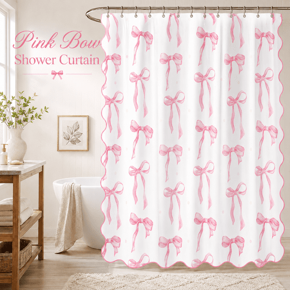 MORAVE 72x72 Inch Coquette Chic Aesthetic Shower Curtain Set with Hooks, Girls Pink Bow Shower Curtain with Scalloped, Cute Ruffle Girly Shower Curtains for Preppy Bathroom Decor