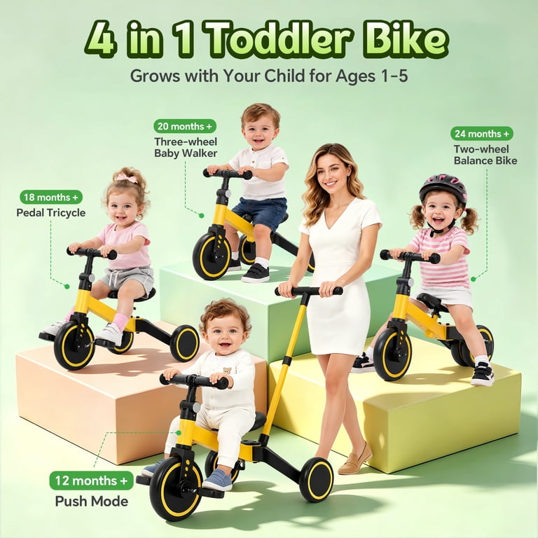 TNTANTS 4 in 1 Toddler Tricycle, Adjustable Seat, Push Handle