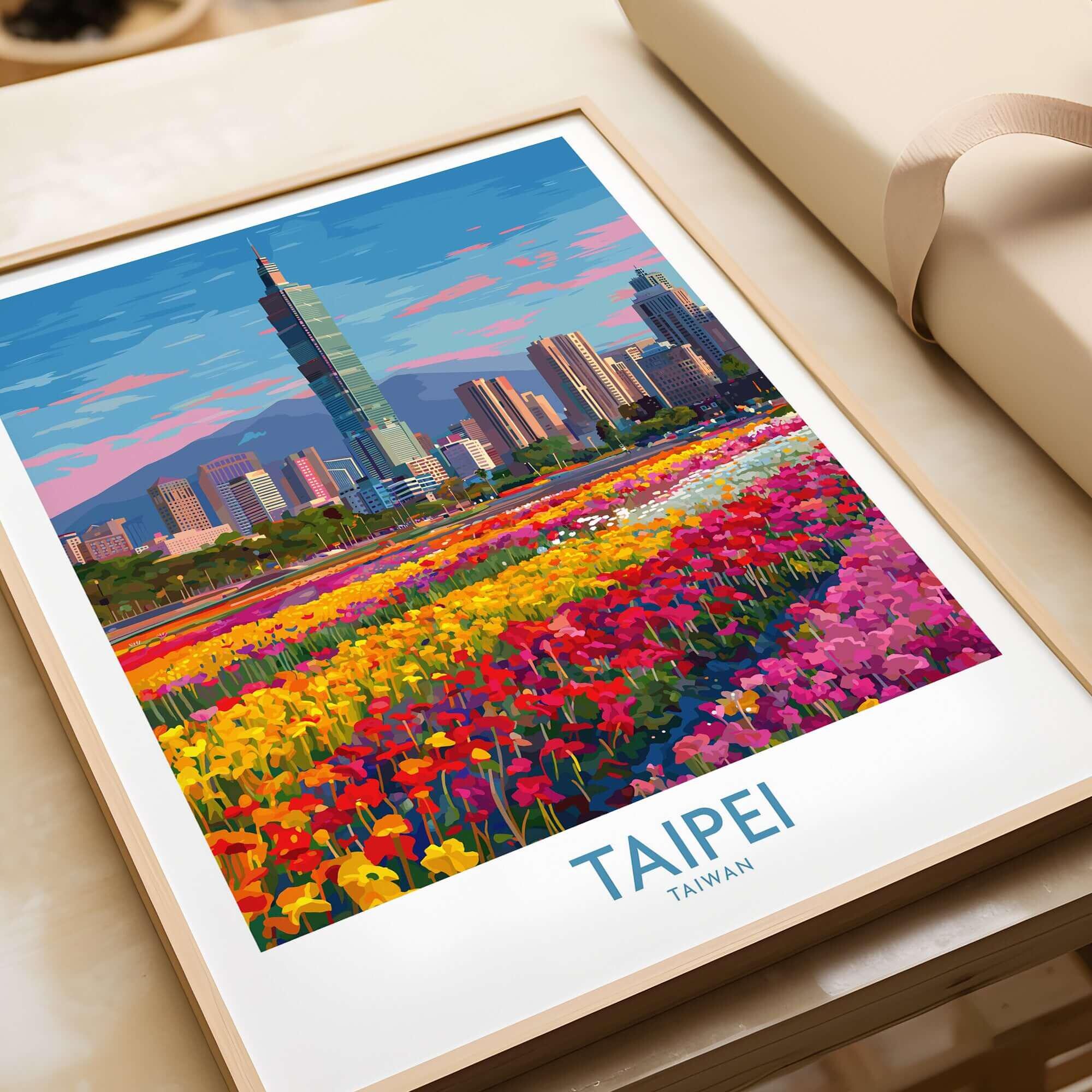 Taipei Taiwan Poster Modern Urban Travel Print Taipei Skyline and Vibrant Flower Fields Ci