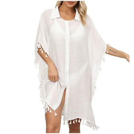 Swim Cover Up for Women  Womens Coverups Tassels Casual Trim Kaftan Solid Swimwear Holiday Beach Bikini Cover Up Lightweight Tops Blouses Dresses Summer Saving Clearance