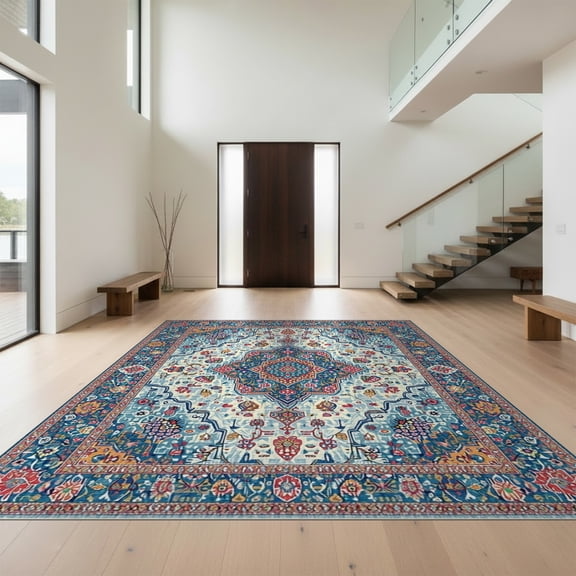 Design&I 8'x10' Washable Area Rug Extra Large Skid-Resistant Low Profile Oriental Vintage Medallion With Distressed Boho Floral Border Accents for Living Room, Family