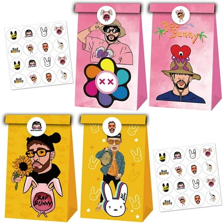32 Bad Bunny Birthday Party Supplies Gift Bags Including Goodies Bags and Sealing Stickers for Birthday Party, 16 Gift Bags for Kids, Teens, Adults,2 Personalized Seal Stickers (16 Patterns Inclu