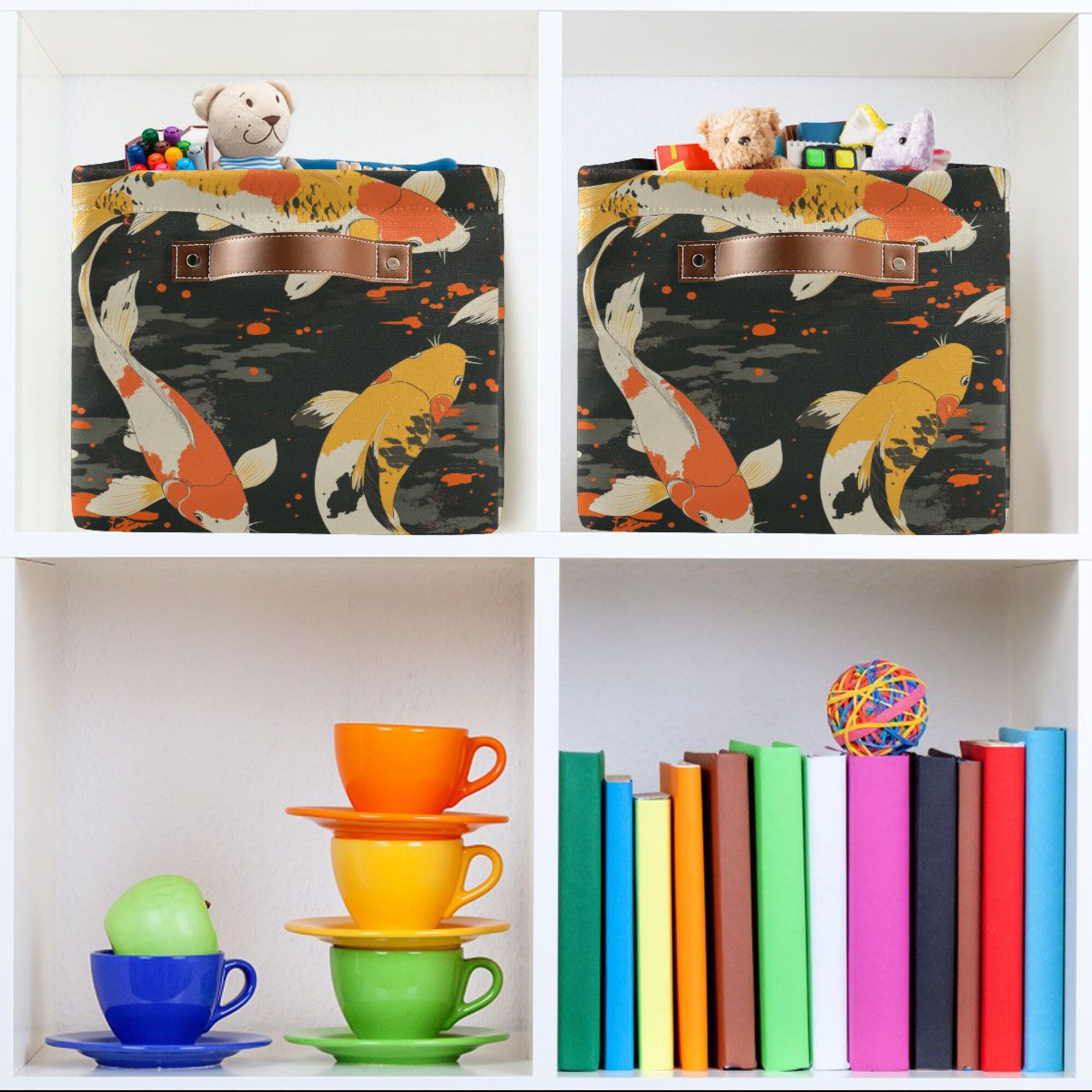 Yayeee 2 Pack Canvas Storage Basket with Handles for Shelves Fabric Bins Closet Organizer, Fish Pattern