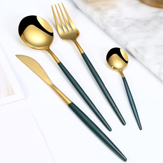 Ensemble de Couverts Occidentaux en Acier Inoxydable 4 Pcs, Coutellerie avec Fini Doré pour Repas et Réceptions