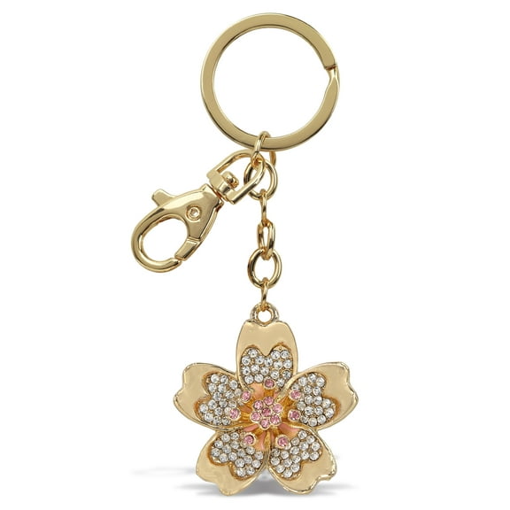 Aqua79 Flower Keychain - Gold 3D Sparkling Charm Rhinestones Fashionable Stylish Metal Alloy Durable Key Ring Bling Crystal Jewelry Accessory with Clasp for Key Chain, Bag, Purse, Backpack, Handbag