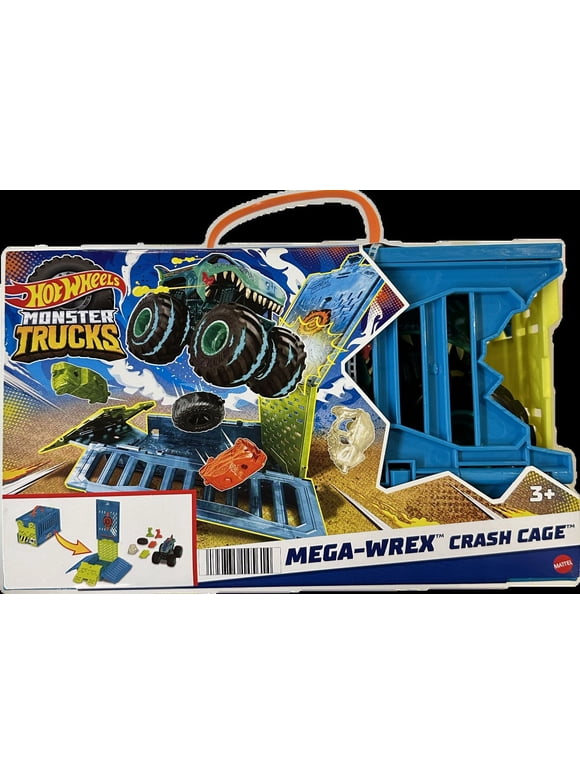 Hot Wheels Monster Trucks 1:24 Scale MEGA-Wrex Crash Cage, Oversized Storage Cage with 1 Large Toy Truck & 4 Crushable Accessories