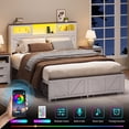thumbnail image 5 of Full Size Bed Frame with Headboard, Full Bed Frame with Charging Station, LED Beds with 2 Storage Drawers, Wood Farmhouse Bedframe, White, 5 of 10