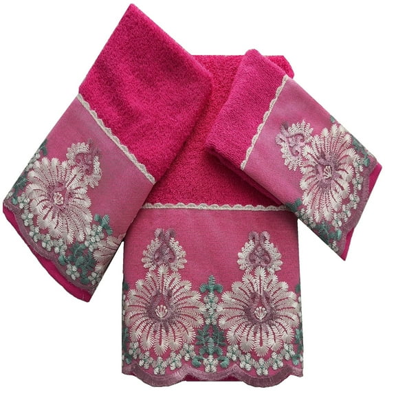 Daniel's Daisy Flower Lace Cotton Blend Bath Towel Sets, Pink, 3 Count