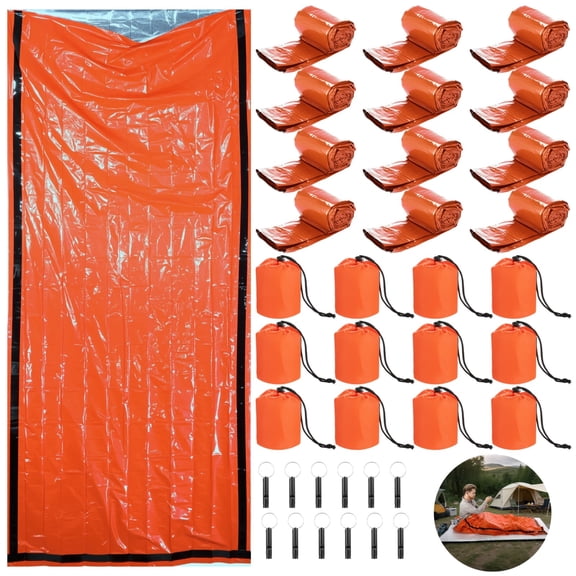 12 Pcs Emergency Sleeping Bag, 82.7 x 35.4 in Portable Thermal Waterproof Bivy Sack with Loud Survival Whistle & Drawstring Storage Bag for Outdoor Camping Hiking Emergency Preparedness (Orange)
